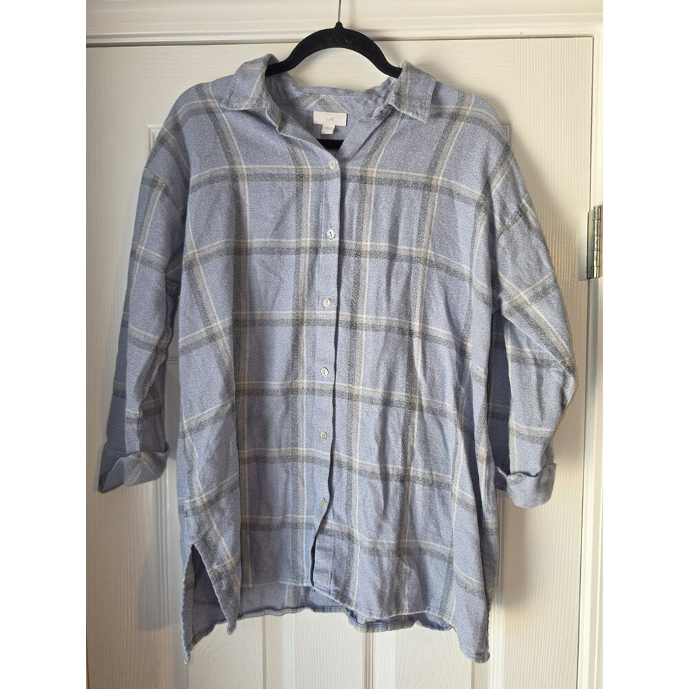 J. Jill Sz M Cozy Plaid Tunic Button Up Shirt Blouse BLue Farm Autumn Fall